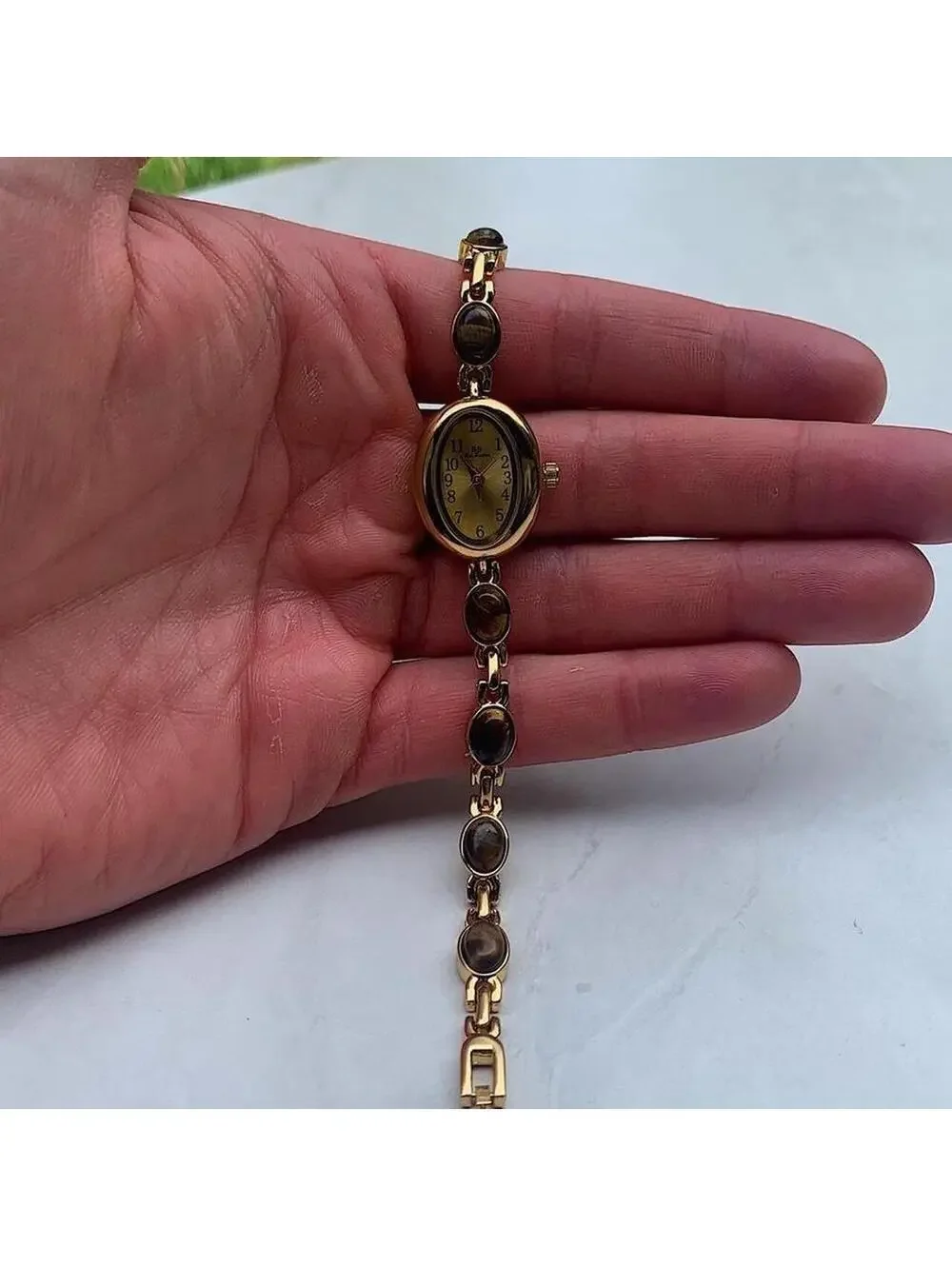 Boho Indie Gold style tone quartz watch with glass brown jade stone opal